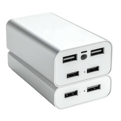 Two white portable power banks are stacked for charging devices.