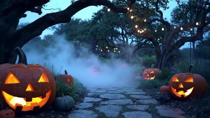 Spooky Halloween night with pumpkins and fog creating an eerie ambiance in the moonlit garden, perfect for fall celebrations and festive events