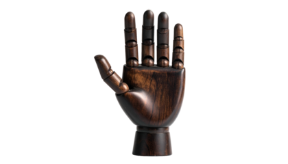 Wooden hand mannequin posed, offering a detailed glimpse of its craftsmanship