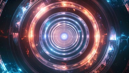 Fototapeta premium Abstract Sci-Fi Tunnel with Glowing Neon Rings and Futuristic Design.
