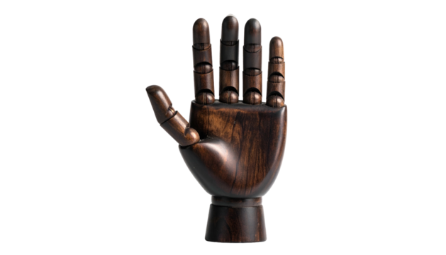 Wooden hand mannequin posed, offering a detailed glimpse of its craftsmanship
