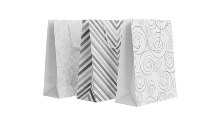 Foto three gray and white gift bags with different patterns memperlihatkan detail consumer goods, swirls, monochrome,.