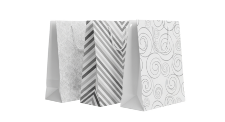 Foto three gray and white gift bags with different patterns memperlihatkan detail consumer goods, swirls, monochrome,.