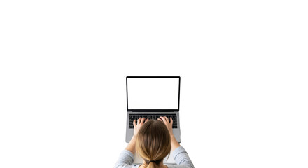 Visual top view of a woman working on a laptop with a blank screen isolated on.