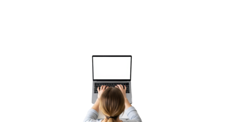 Visual top view of a woman working on a laptop with a blank screen isolated on.