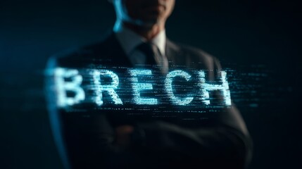 A confident businessman in a suit stands with arms crossed, overlaid with a digital representation of the word 'BRECH'.