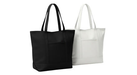 Mockup two canvas tote bags black and white bergaya elegan dengan elemen strap, product, everyday, pair,.