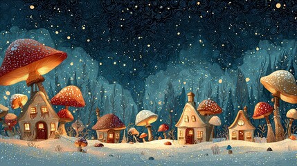 Whimsical Christmas forest with tiny houses lit from within, glowing mushrooms, and a starry night sky.
