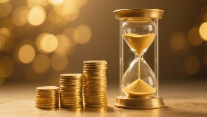 hourglass and coins represent time is money and financial investment