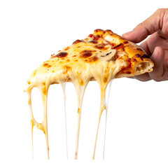Hand holding a slice of pizza with dripping cheese against a black background