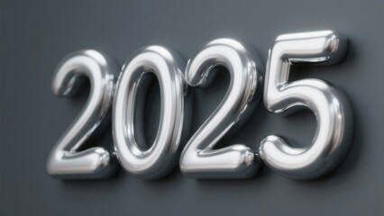 Shiny silver 2025 numerals on a dark gray background, new year concept
