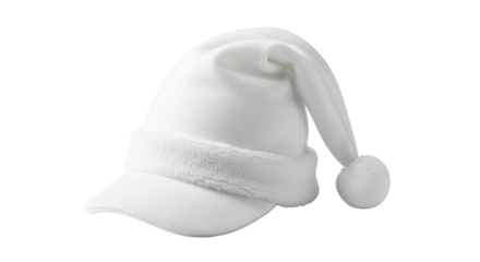 Visual white santa hat with brim and pompom on white background yang menonjolkan keindahan mockup, cap,.