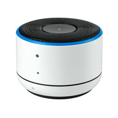 White cylindrical electronic device with blue accents and black mesh top.