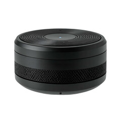 Round black electronic device with textured band on black background.