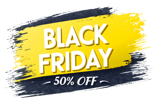 Black and yellow black friday sale banner isolated on white or transparent background