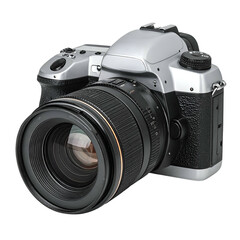 A professional camera with a large lens sits against a black background.