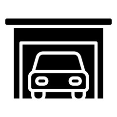 Garage Parking Glyph Black Silhouette Icon Design Vector - Car inside a garage, representing private parking, storage, or home facility