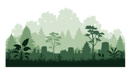 Stylized dark green forest scene within a rough irregular stone shape © Tm Studio