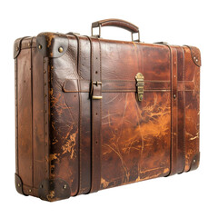 An antique leather suitcase with brass hardware and strap closures.