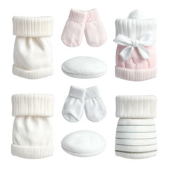 Newborn baby clothing and accessories are displayed on a black background.