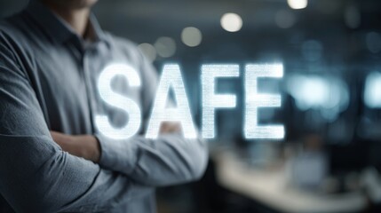 A confident male professional stands with crossed arms, symbolizing security and assurance, in a modern office environment.