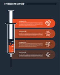 syringe medical health infographic process diagram with vertical and round rectangle stacked list container with dark background bright outline style 4 points