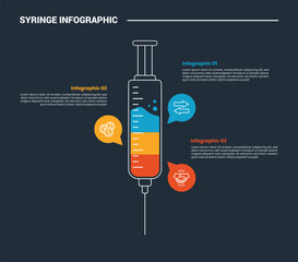 syringe medical health infographic process diagram with vertical standing liquid inside with callout discussion box with dark background bright outline style 3 points