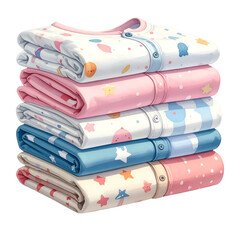 Stack of folded baby pajamas with cute cartoon patterns.