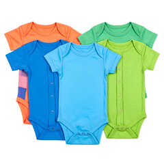 Five colorful baby bodysuits are arranged on a black background.