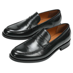 Polished black leather loafers for men are displayed against a dark background.