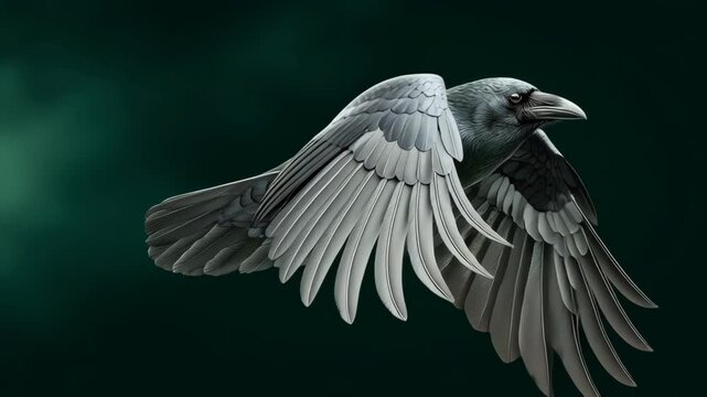 A majestic raven in mid-flight against a green background.