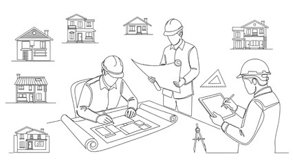 One-Line Drawing of Architects Working on Blueprints and Home Design Sketches – Minimalist Black Outline Representing Creativity, Planning, and Innovation in Architecture