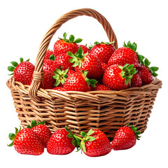A woven basket overflows with ripe, red strawberries.