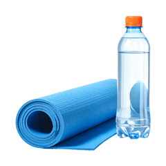 Blue exercise mat and clear water bottle sit ready for a workout.