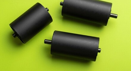 Three black cylindrical rollers with pins rest on a vibrant chartreuse surface