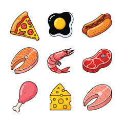 Colorful cartoon food icons set with pizza meat seafood and dairy products.