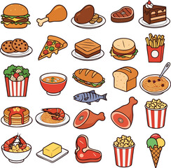 Colorful cartoon food icon set featuring a variety of meals snacks and desserts like burgers pizza and ice cream.