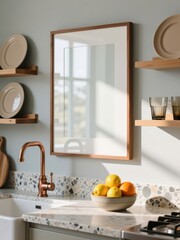 Mockup poster frame in modern kitchen interior with wooden accents, terrazzo countertop, copper faucet, and natural sunlight