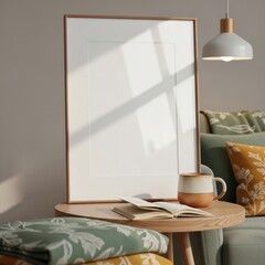 Mockup poster frame in cozy living room interior with natural sunlight, wooden table, ceramic mug, and decorative cushions