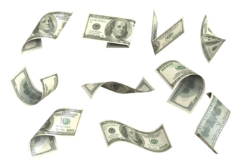 Collection of flying banknotes of hundred dollars. Set of flying one hundred dollars bills isolated. Falling money isolated