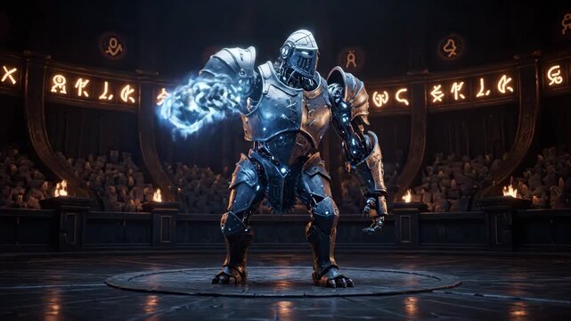 Epic Armored Warrior with Glowing Blue Power Stands in a Mystical Arena of Fire and Runes