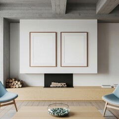 Two mockup poster frames in a modern Scandinavian living room interior above a minimalist fireplace with light wood furniture, soft natural tones, and contemporary decor elements