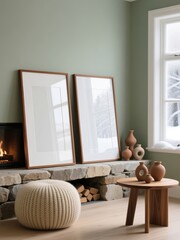 Two mockup poster frames leaning on stone fireplace wall in cozy Scandinavian living room interior with minimalist decor and natural light