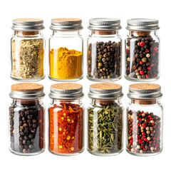 Small glass jars filled with various colorful spices sit on a black background.