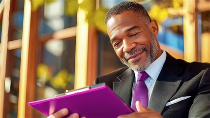 Confident businessman senior man suit with purple tie reading clipboard outdoors, smiling professional with warm mood sunlight, mature demeanor - Powered by Adobe