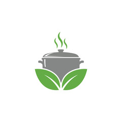 Cooking pot with steam, surrounded by leaves