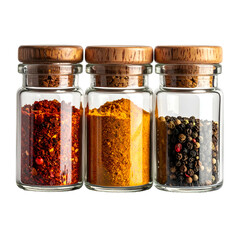 Three glass spice jars with wooden lids contain different seasonings.
