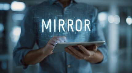 A male user interacts with a tablet displaying the word 'MIRROR' in a modern, tech-inspired setting.