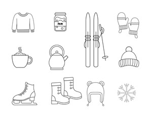 line art of winter essentials collection featuring sweater, boots and mittens.