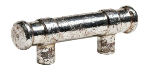 Worn metal furniture knob, cylindrical bar with ball ends, two small posts